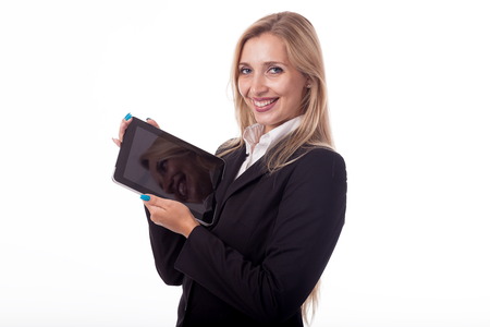 Blonde with long hair posing with white plate, pattern. For logo, advertising. Isolated photo on a...