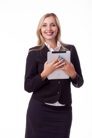 Blonde with long hair posing with white plate, pattern. For logo, advertising. Isolated photo on a white background for advertising. In a business black suit.の写真素材