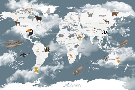world map with animals and birds in the clouds, vector illustration.の写真素材