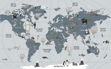 Animals on the world map. Vector illustration of wild animals.の写真素材