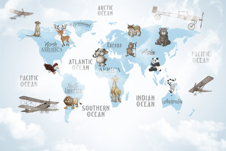 World Map with animals and airplanes. Vector illustration for your design.の写真素材