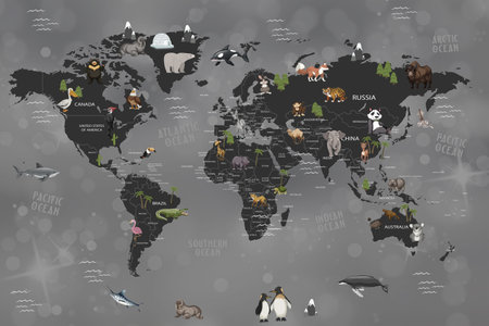 World map with animals and birds on gray background. Vector illustration.の写真素材