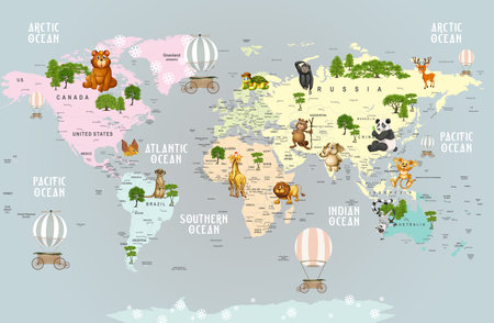 World map with cute animals. Vector illustration,の写真素材