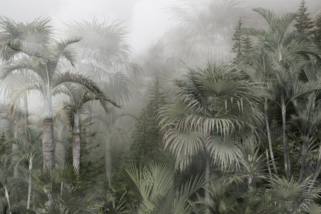 Tropical forest with palm trees and fog in the background.