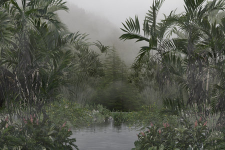 Foggy landscape with a pond and palm trees in the foreground