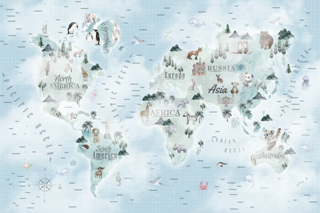 world map with animals and birds on the background of the blue skyの写真素材