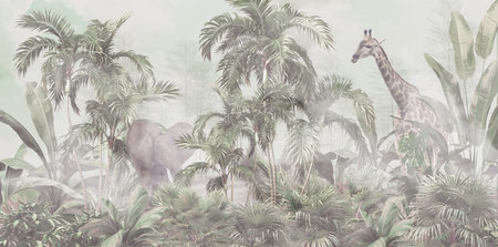 Giraffe and palm trees in the jungle, digital painting.の写真素材