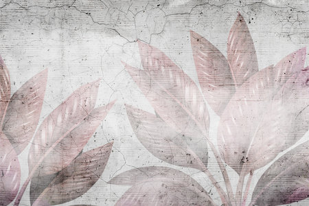 Grunge concrete wall with pink leaves. Abstract background for design.の写真素材