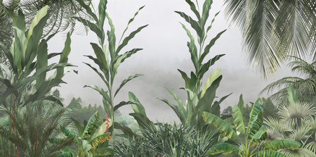 3D rendering of a tropical jungle with palm trees and shrubs