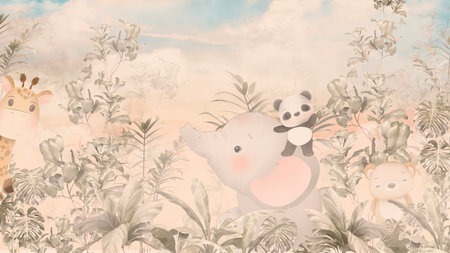 Seamless background with cute animals and plants in pastel colorsの写真素材