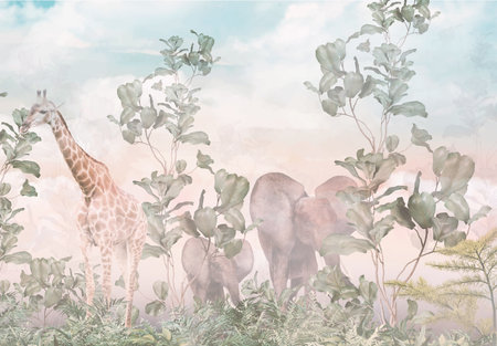 giraffe and giraffe in the savannah, digital paintingの写真素材