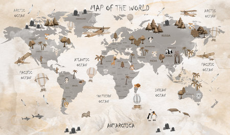 World map with animals and birds. Vintage style. Vector illustration.の写真素材