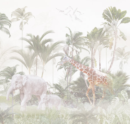 Giraffe in the jungle with palm trees and birds. Digital painting.の写真素材