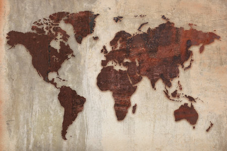 aged world map on old grunge paper texture, grunge backgroundの写真素材