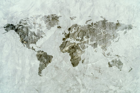 world map on cement wall background, world map textured background.の写真素材