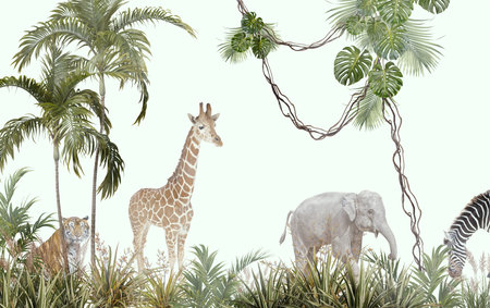 giraffe and elephant in the jungle with palm trees and plantsの写真素材