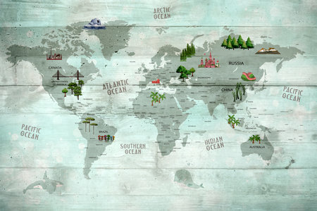 Map of the world on wooden planks with travel icons and symbols