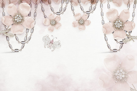 Vintage background with flowers and beads. Pastel colours. Copy space.の写真素材