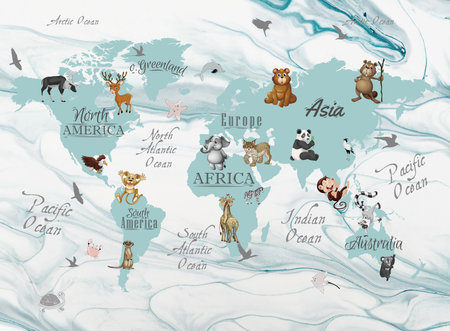 Cute animals on the map of the world. illustrationの写真素材