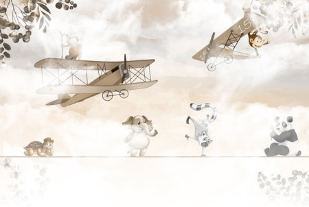 Watercolor illustration of a dog and a plane in the sky.の写真素材