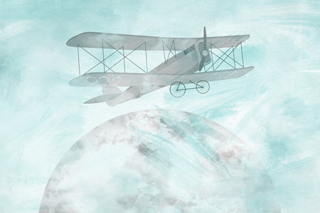Old airplane flying in the sky. 3D illustration. Vintage style.