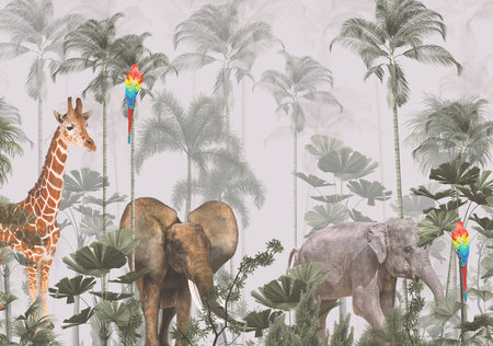 Watercolor illustration of jungle with giraffes, elephants and parrotsの写真素材
