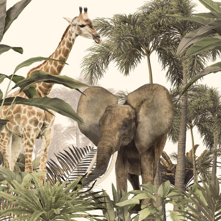 Elephant and giraffe in tropical forest. Vintage style illustration.の写真素材