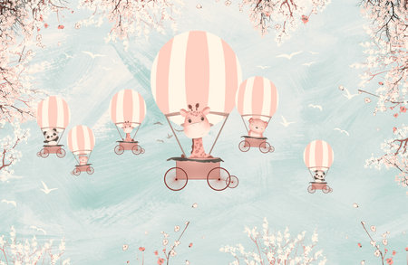 Cute cartoon giraffe riding a hot air balloon in the spring forestの写真素材