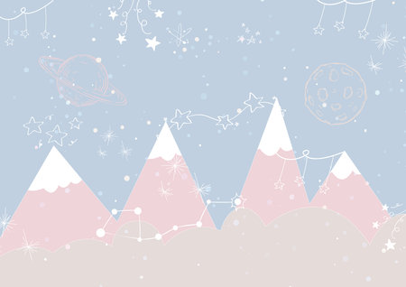 Cute hand drawn winter landscape with mountains, stars and planets. Vector illustration.の写真素材
