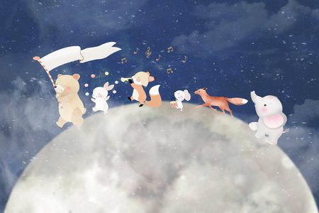 Sheep and dog in the moonlight. This is a 3d rendered illustrationの写真素材