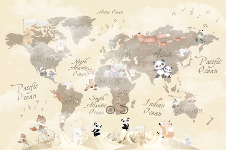 World map with cute animals. Vector illustration. Elements for design.の写真素材