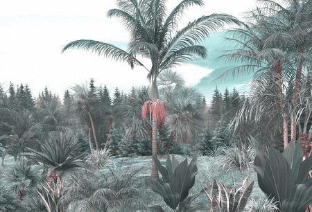 Palm trees in the jungle. 3D illustration. Vintage style.の写真素材
