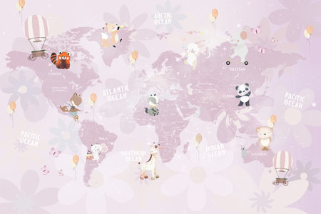 Illustration of Cute Animals on the World Map Background. vectorの写真素材
