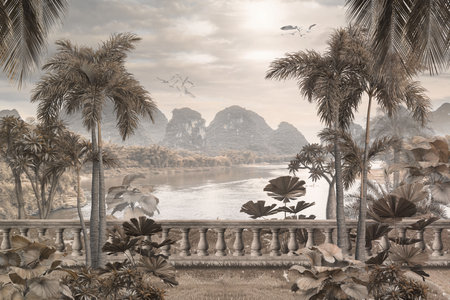 Palm trees and river in vietnam. Vintage style.の写真素材