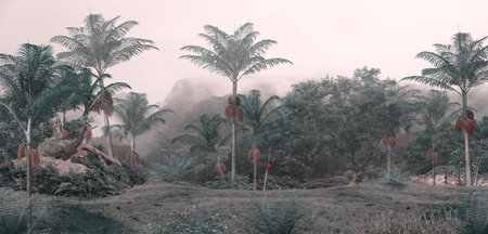 Palm trees in the misty jungle. Panoramic view.の写真素材