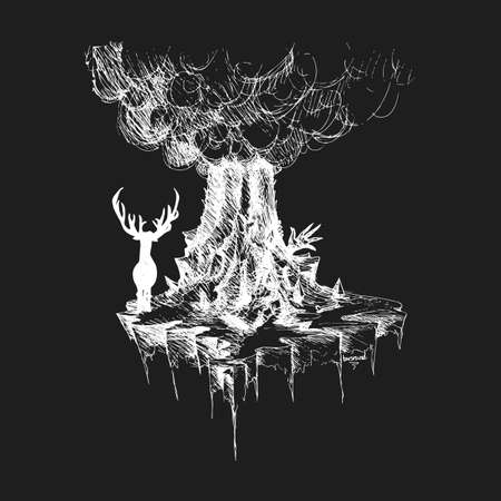 Vector deer on island from rocks and volcano with monster's hand, Abstract fantastic with effect of chalkのイラスト素材