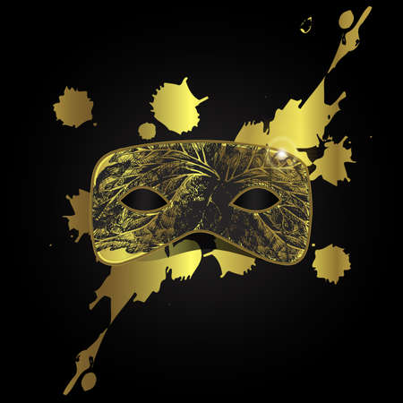 Vector magic gold mask with black pattern on black background with golden splashのイラスト素材
