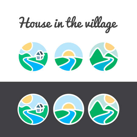 Vector set of nature icons from sun, hills, river, mountains, tree and homeのイラスト素材