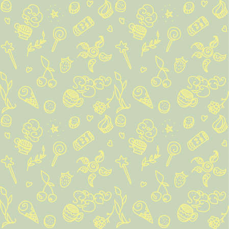 Vector seamless pattern with things from life: food, drink, magic wand, cups, plantのイラスト素材