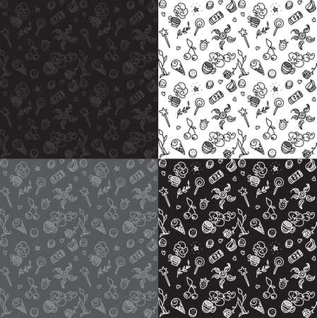 Vector black, white, grey seamless patterns with things from life: food, drink, magic wand, cups, plantのイラスト素材
