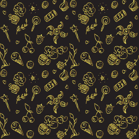 Vector gold seamless pattern with things from life: food, drink, magic wand, cups, plantのイラスト素材