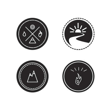 Vector set of ecology logotypes, icon and nature symbol: sun, river, water in circle, mountains, hire, waterのイラスト素材