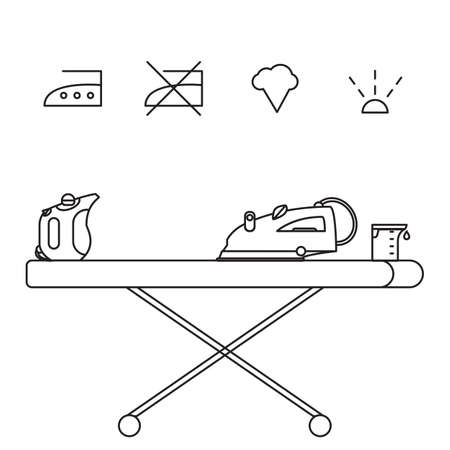 Isolated iron and hand steamer with symbols on ironing board and beaker. Modern vector illustrationのイラスト素材
