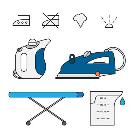 Isolated iron and hand steamer with symbols on ironing board and beaker. Modern vector illustrationのイラスト素材