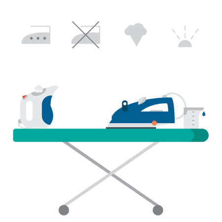 Isolated iron and hand steamer with symbols on ironing board and beaker. Modern vector illustrationのイラスト素材