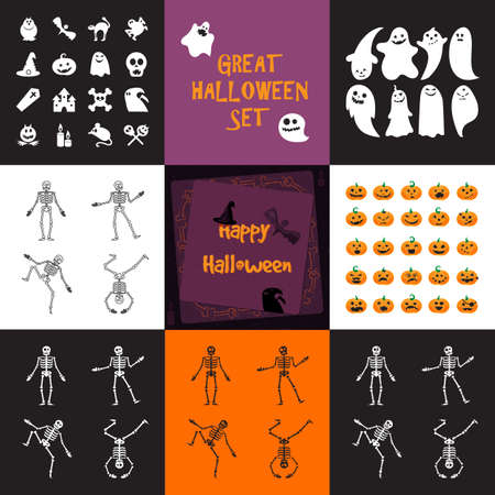 Halloween icons from animals, skull, skeletons, pumpkins, ghosts, bones and magic attributes  for web and stickers. Vectorのイラスト素材