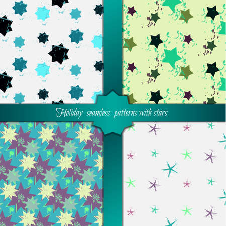 Grunge holiday colorful geometric seamless patterns set with stars. Vectorのイラスト素材