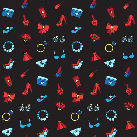 Woman accessories of cosmetics shoes clothes and jewelry. Vectorのイラスト素材