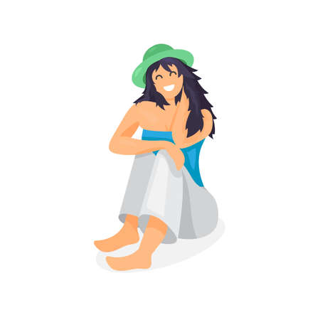 Relaxing woman in hat. Pretty traveler. Vectorのイラスト素材