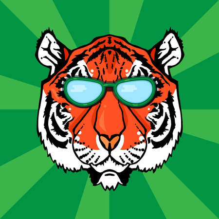 Illustration of isolated tiger head with glasses in vintage style for textiles, print and tattoo. Line-art. Vectorのイラスト素材